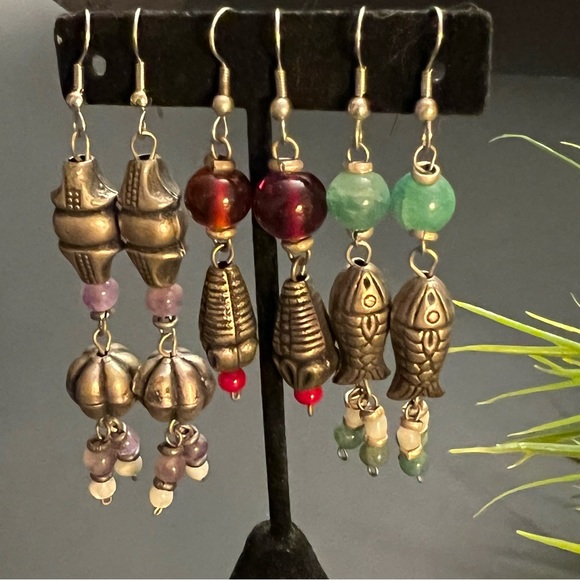 NEW 3 of Vintage Afghan Handmade Gemstones Dangle/Drop Earrings - Picture 6 of 6